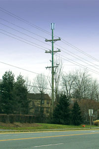 At the top of this NOVEC pole is an example of a pole-top cell tower attachment, which may become a more common sight through NOVEC&rsquo;s partnership with Milestone Communications.